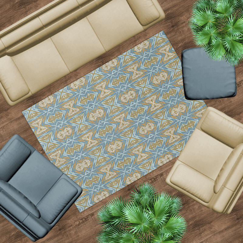 Light Taupe Beige Brown Teal Blue Tribal Art Rug