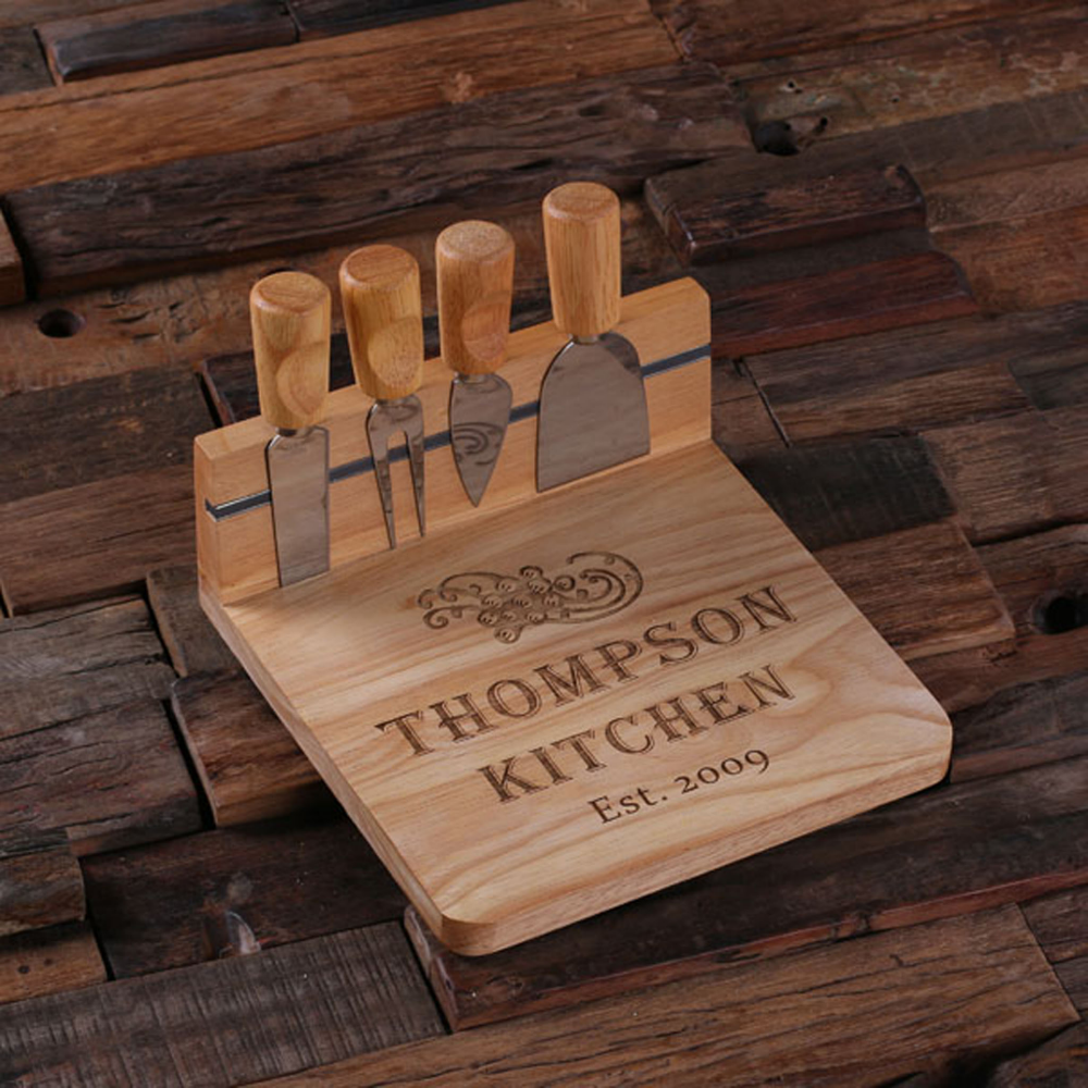 Cheese Set: Knives & Etched Bamboo Cutting Board