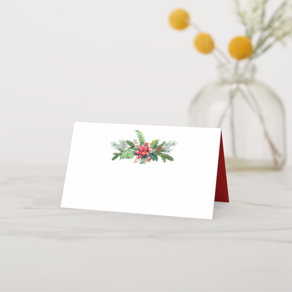 Watercolor Holly with Pine and Berry | Holiday Place Card