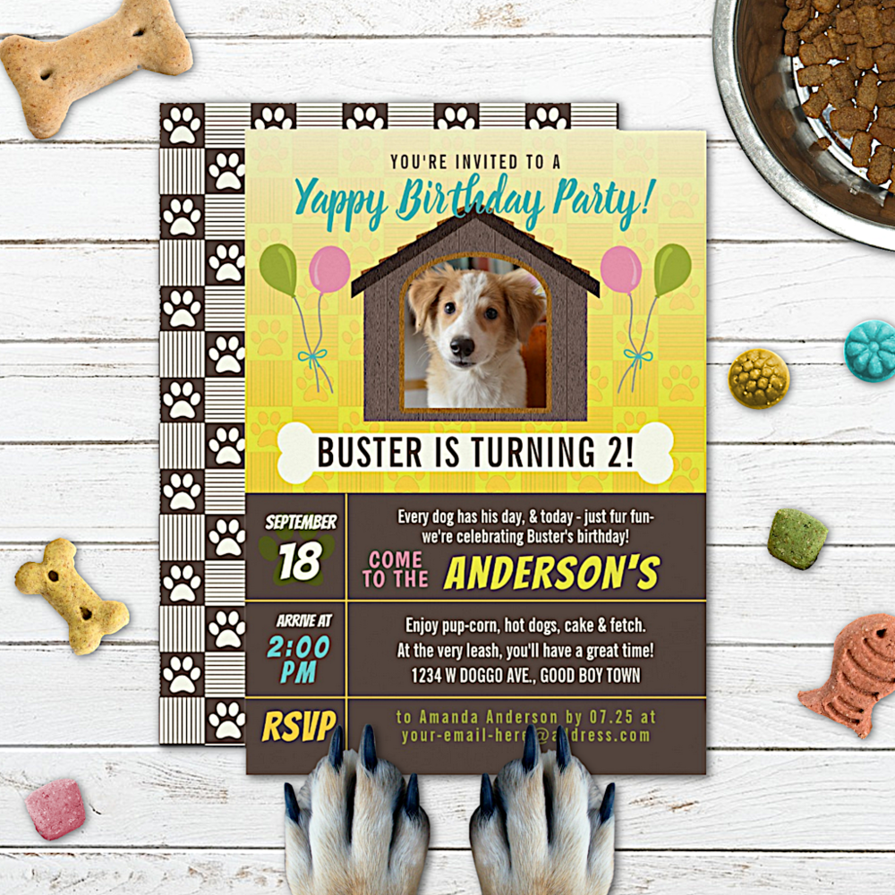 Dog Birthday Party Dog House and Paws Custom Photo Invitation
