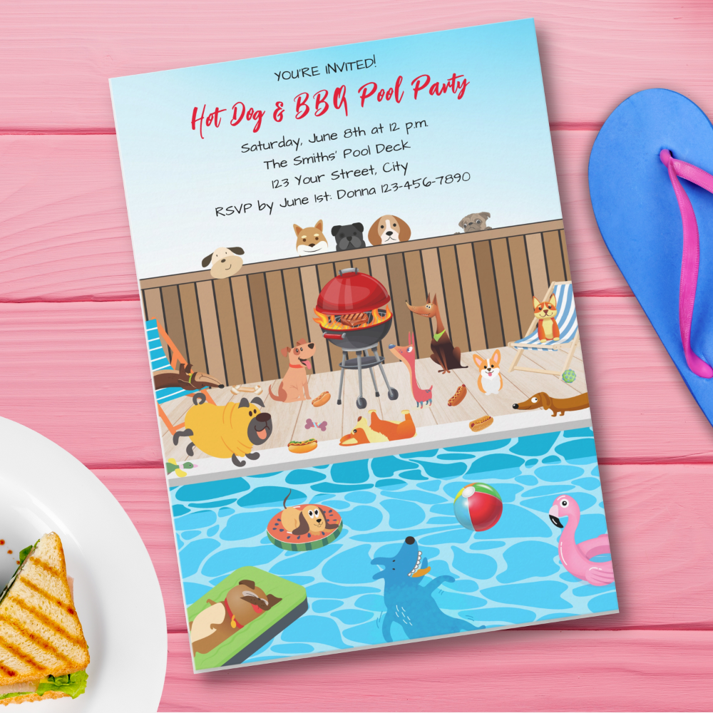 Funny Dogs at Hot Dog & BBQ Pool Party Invitation
