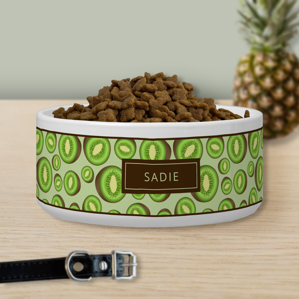Green And Brown Kiwifruit Pattern With Custom Name Bowl
