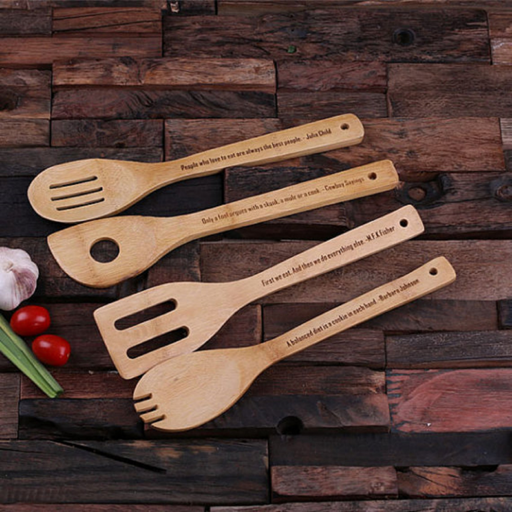 Set of 4 Engraved Bamboo Wood Kitchen Utensils