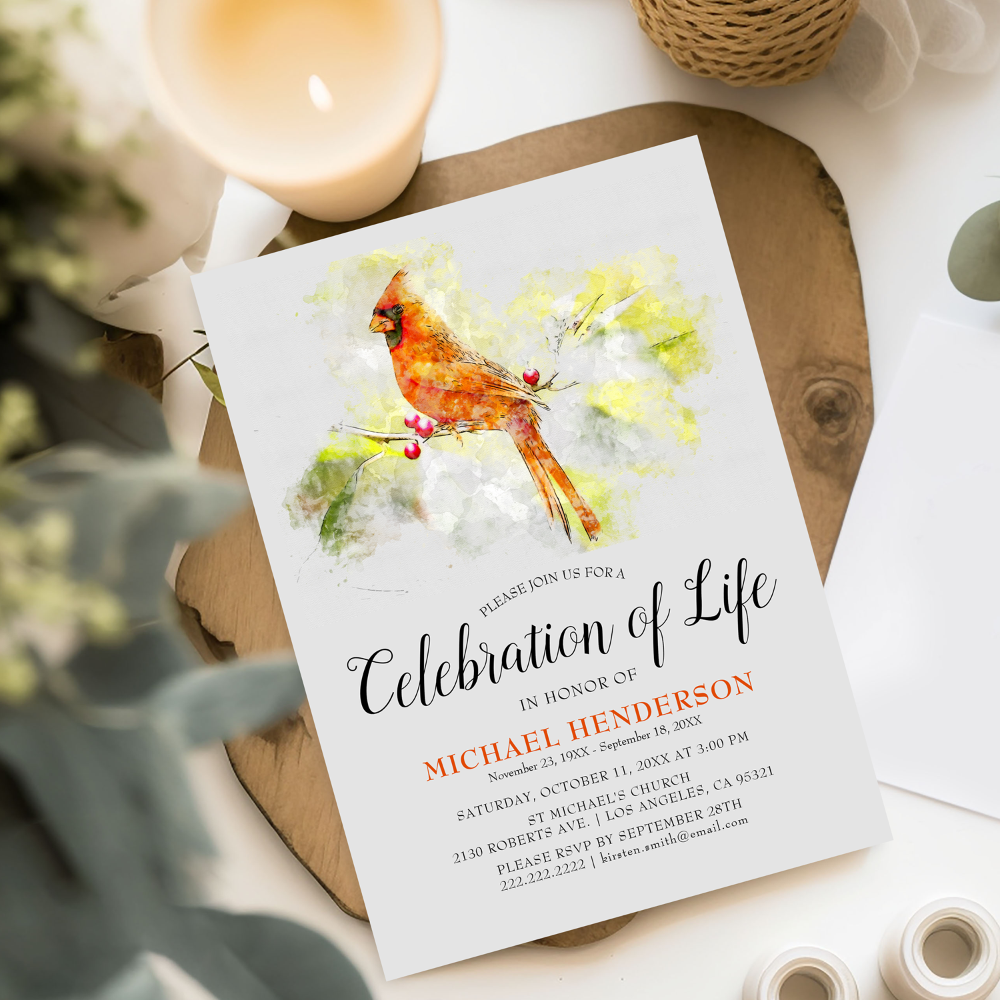 Watercolor Cardinal Funeral Celebration of Life Invitation
