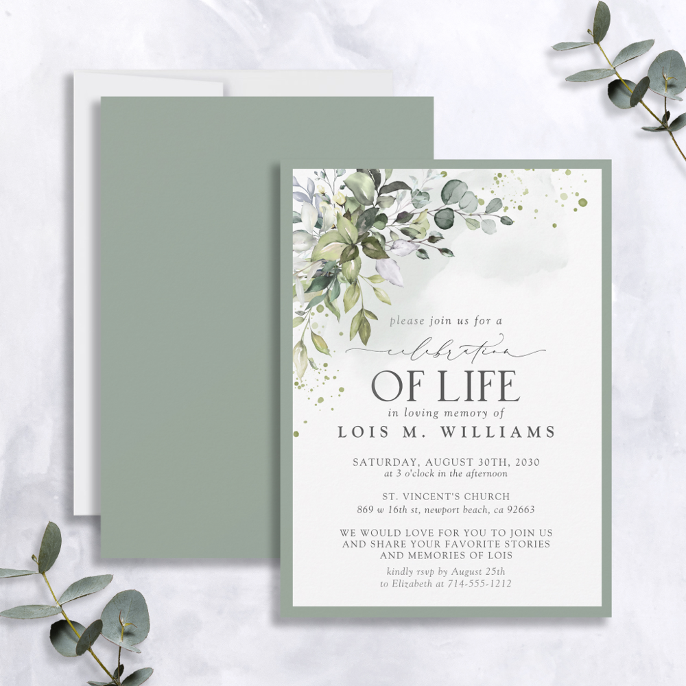 Sage Green Eucalyptus Floral Celebration of Life Invitation
