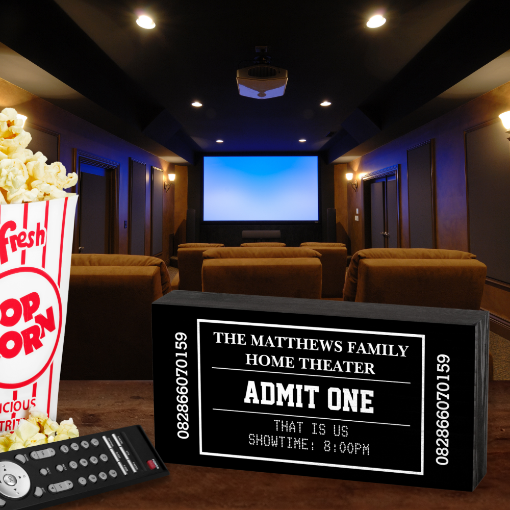 Personalized Movie Ticket Black Home Theater Wooden Box Sign
