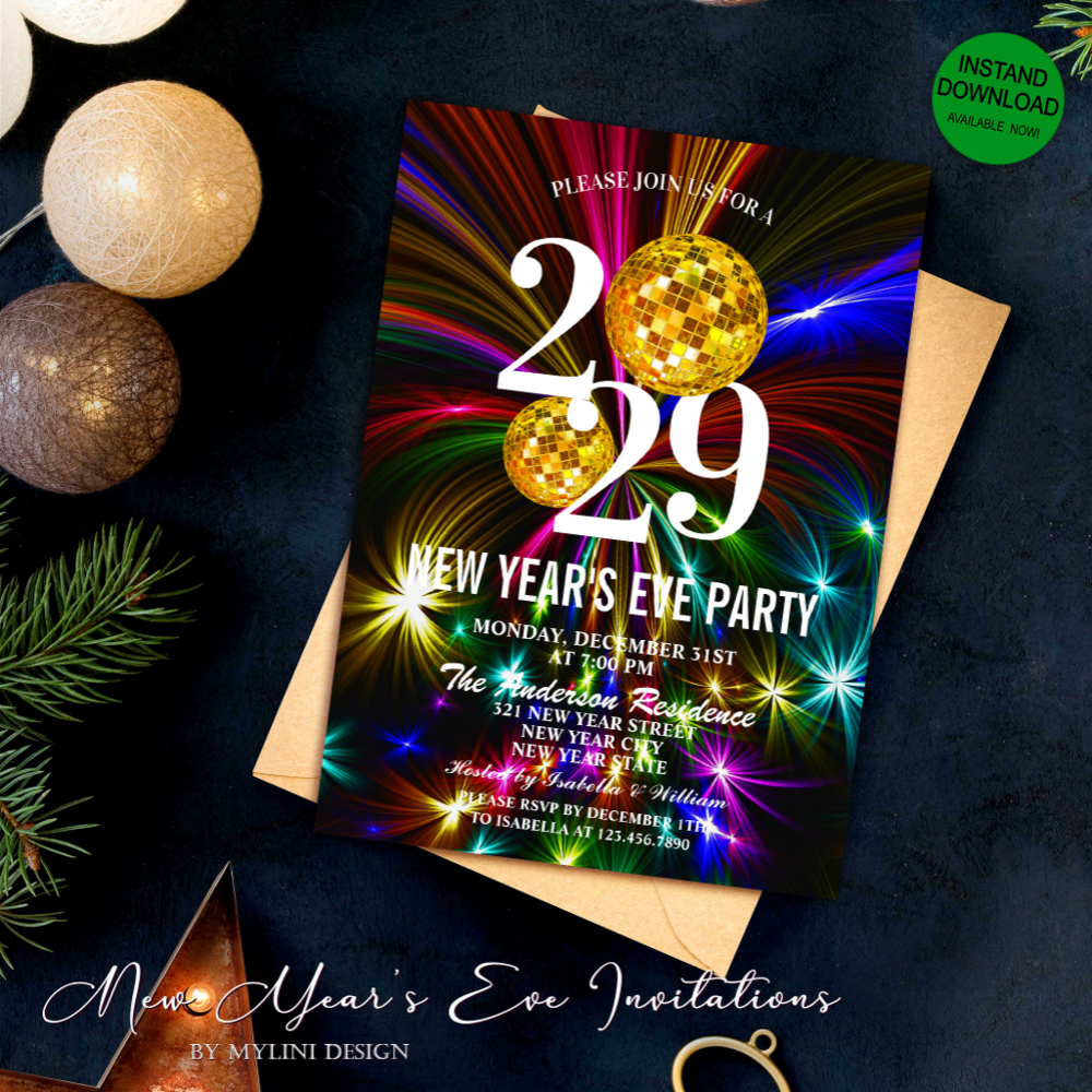Luxury Gold Glitter Fireworks New Year's Eve Party Invitation
