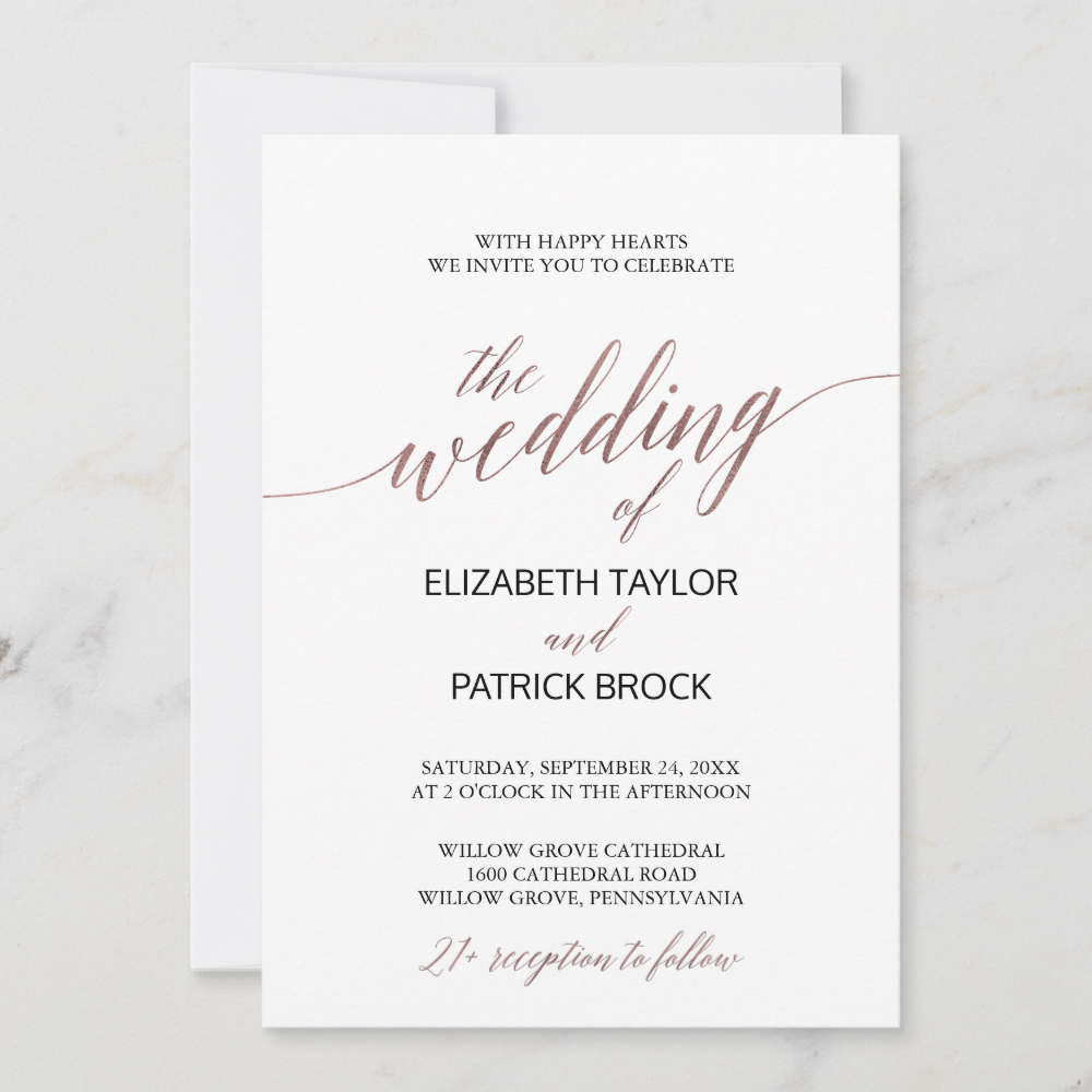 Elegant Rose Gold Calligraphy 21+ Wedding Invitation