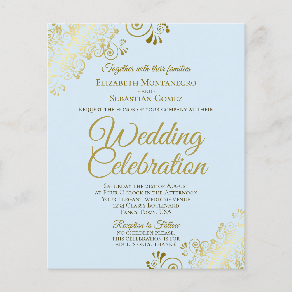 Gold Lace & Blue BUDGET Wedding Invite Adults Only