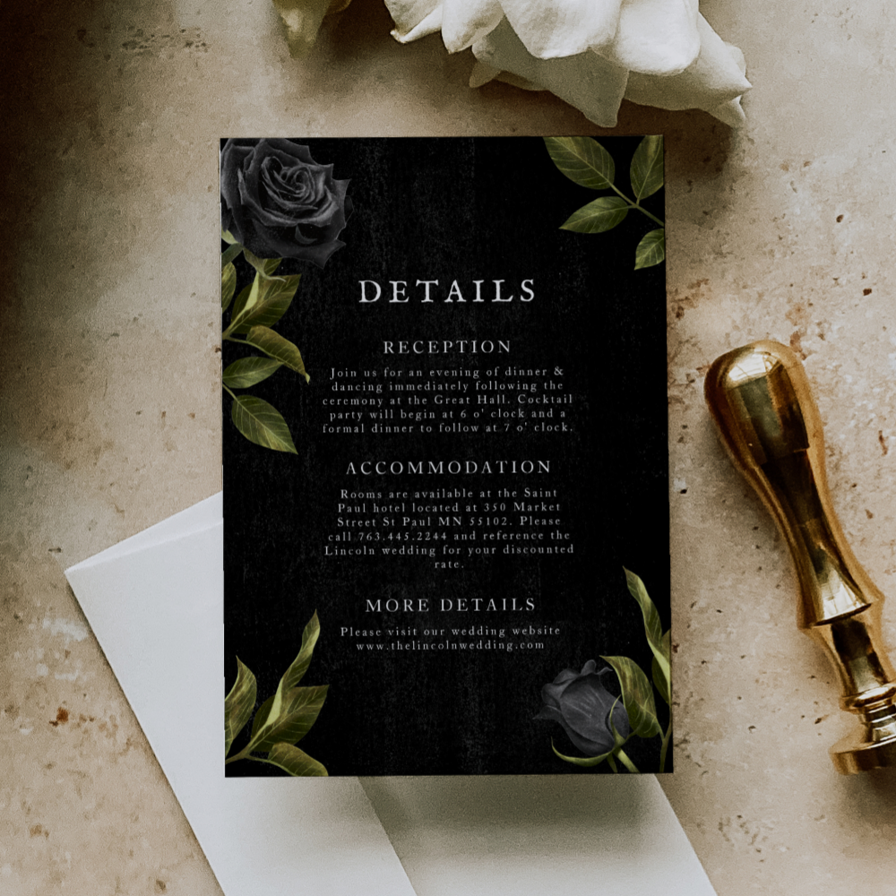 Gothic Black Floral Wedding Details Enclosure Card