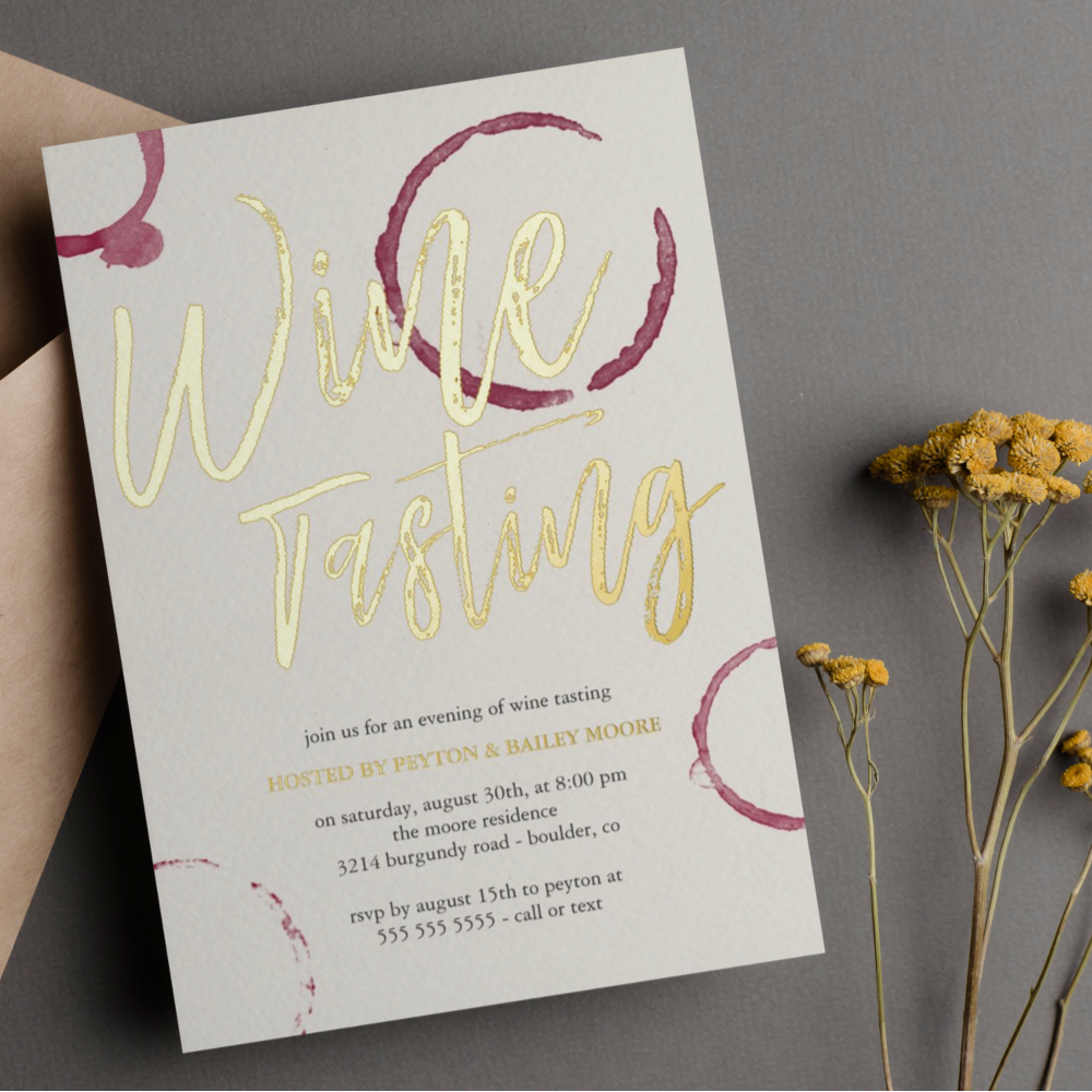 Burgundy Stains - Wine Tasting Party Gold Foil Invitation
