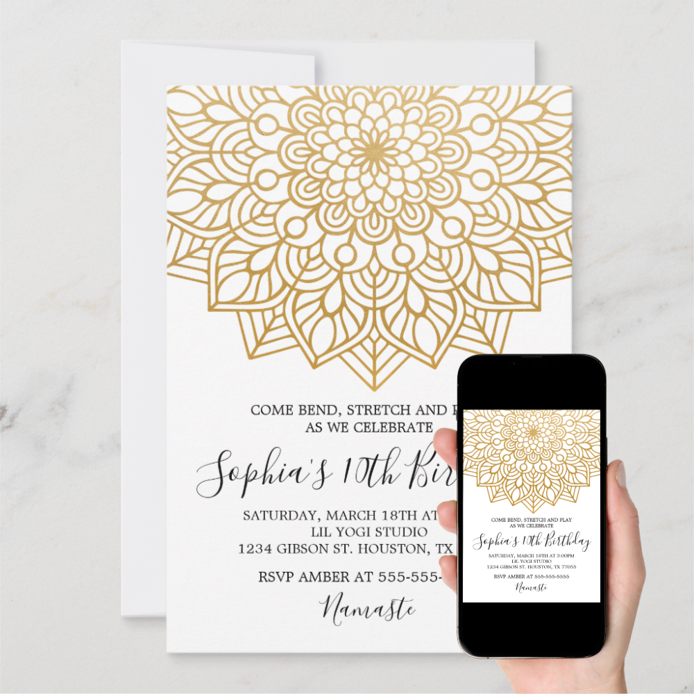 Gold Yoga Birthday Invitation
