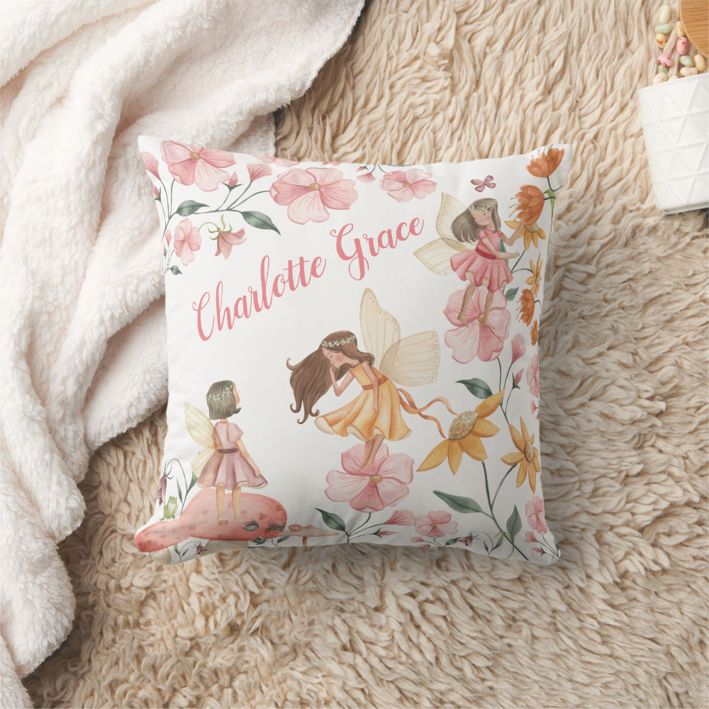 Spring Wild Flower Woodland Fairies Girl Nursery Throw Pillow
