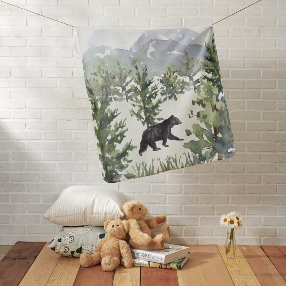 Watercolor Mountain Forest Bear Personalized Boy Baby Blanket
