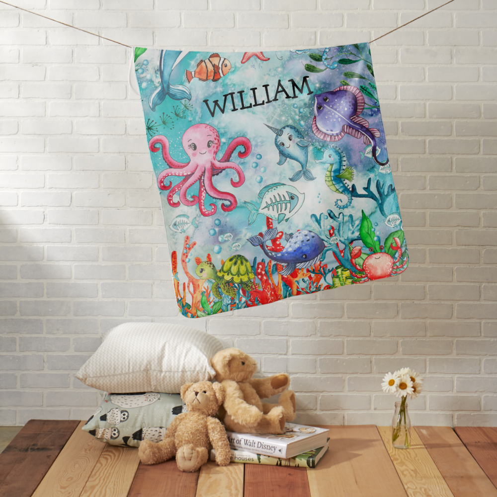 Cute Watercolor Under the Sea Ocean Gender Neutral Baby Blanket
