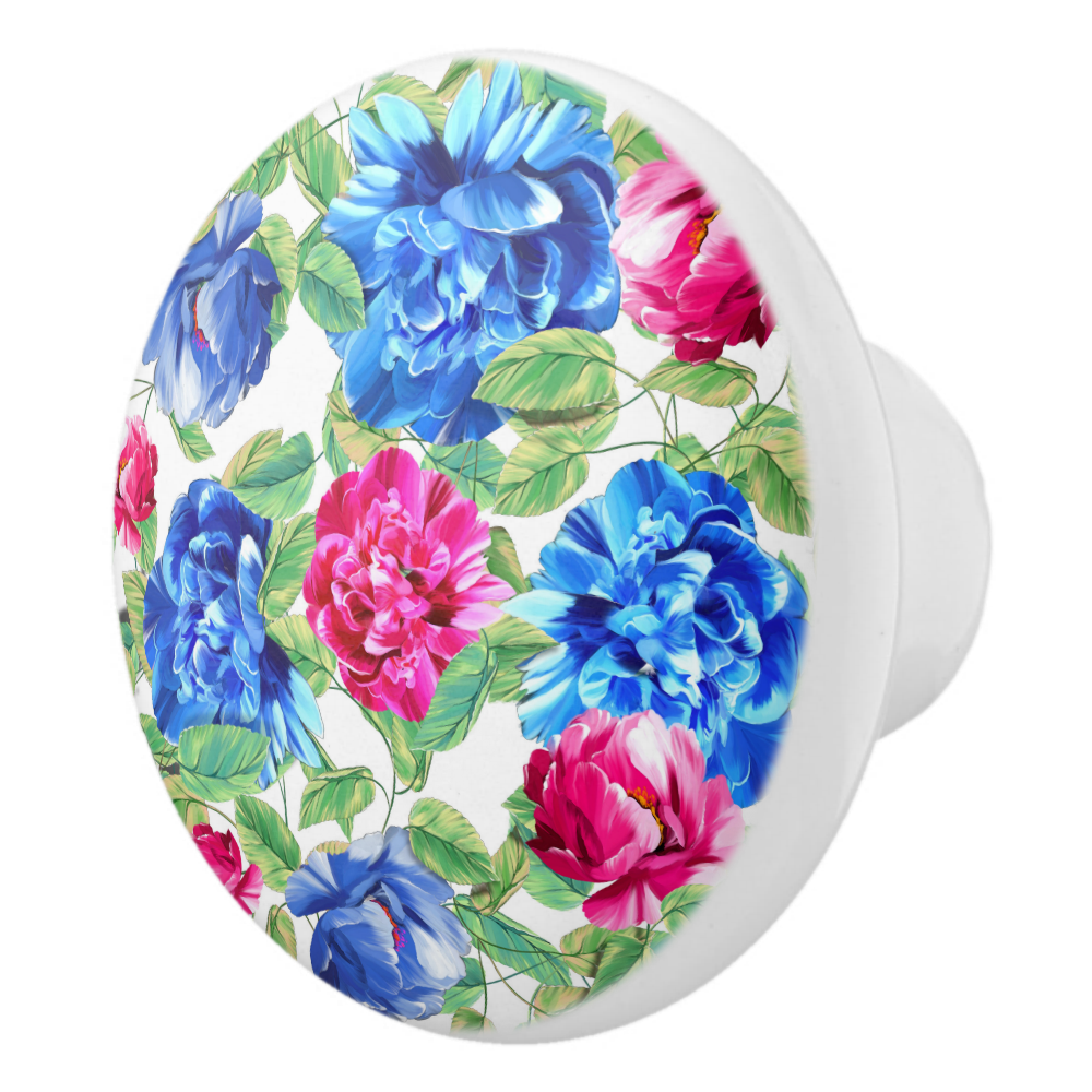 Bright Pink and Blue Floral Pretty Pattern Ceramic Knob
