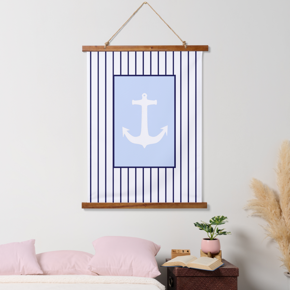 White Anchor Captain Blue Stripes Sea Ocean Hanging Tapestry

