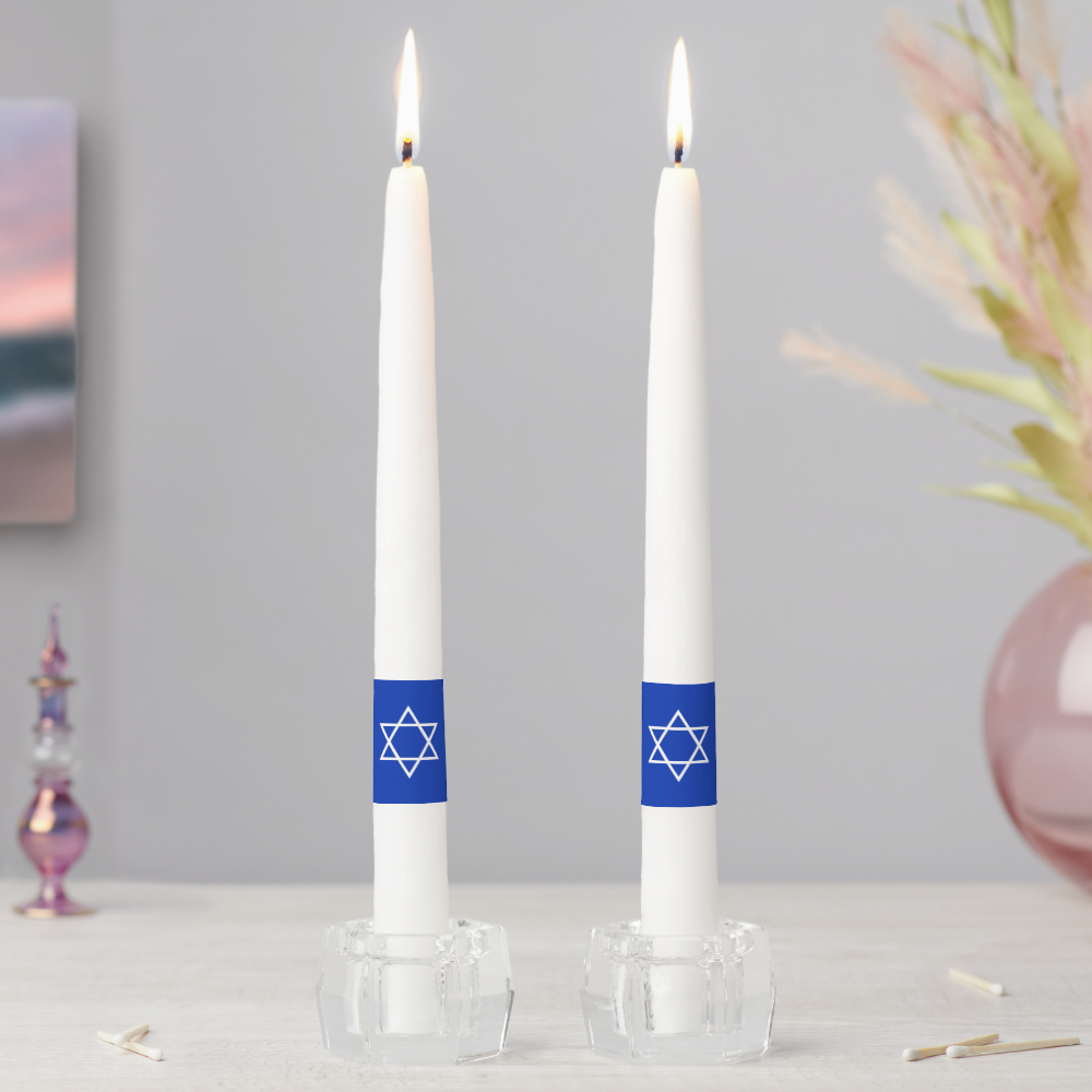 Hanukkah white and blue star of David Magen David Taper Candle
