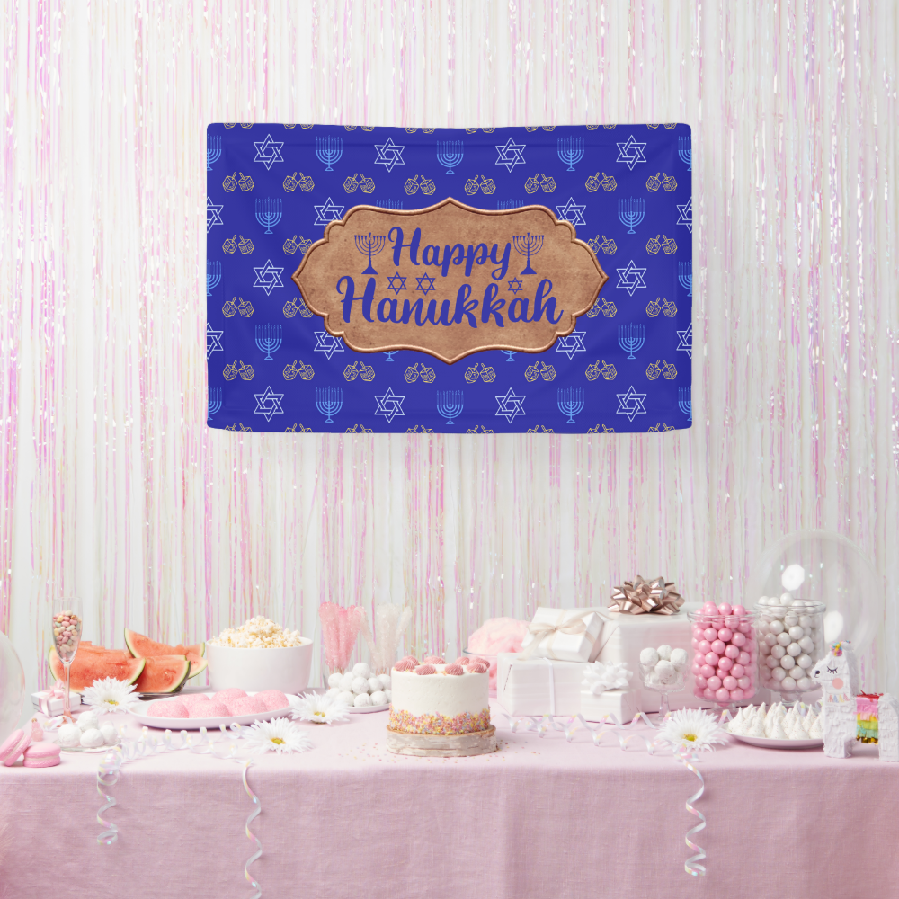 Hanukkah Gold Dreidel Star of David Menorah Blue Banner
