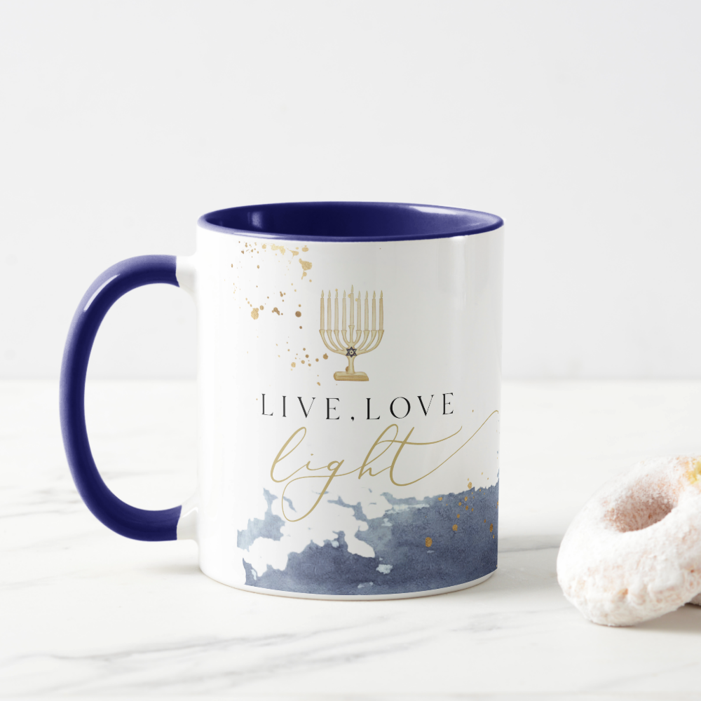 Navy Watercolor Menorah Live Love Light Hanukkah Mug
