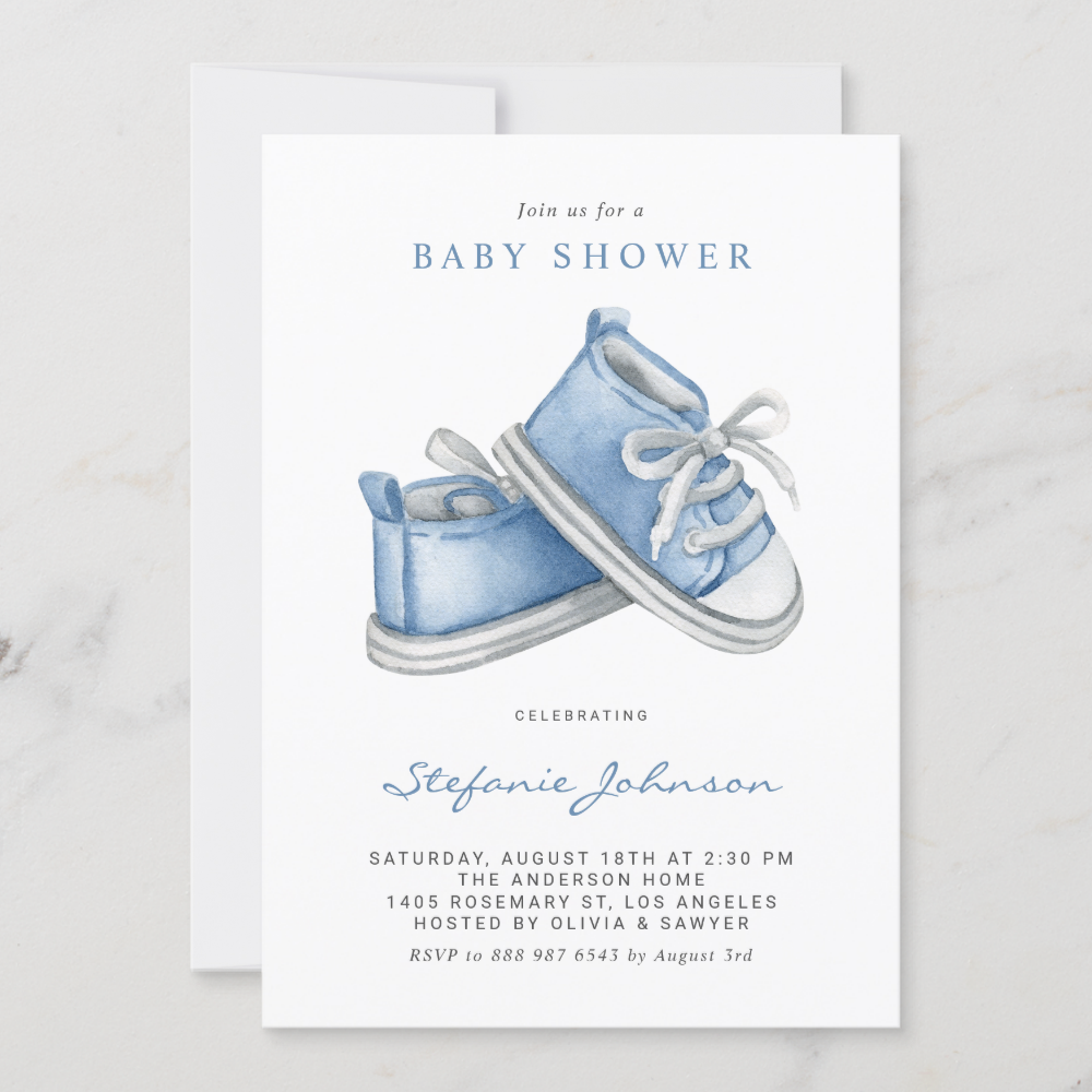 Watercolor Blue Baby Shoes It's a Boy Baby Shower Invitation