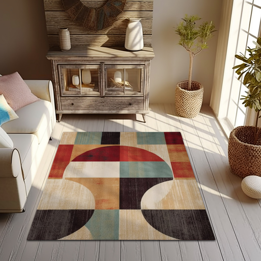 Modern Geometric Cream, Orange And Green Area Rug
