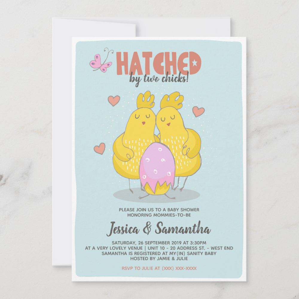 Pink Hatched By Two Chicks Lesbian Baby Shower Invitation