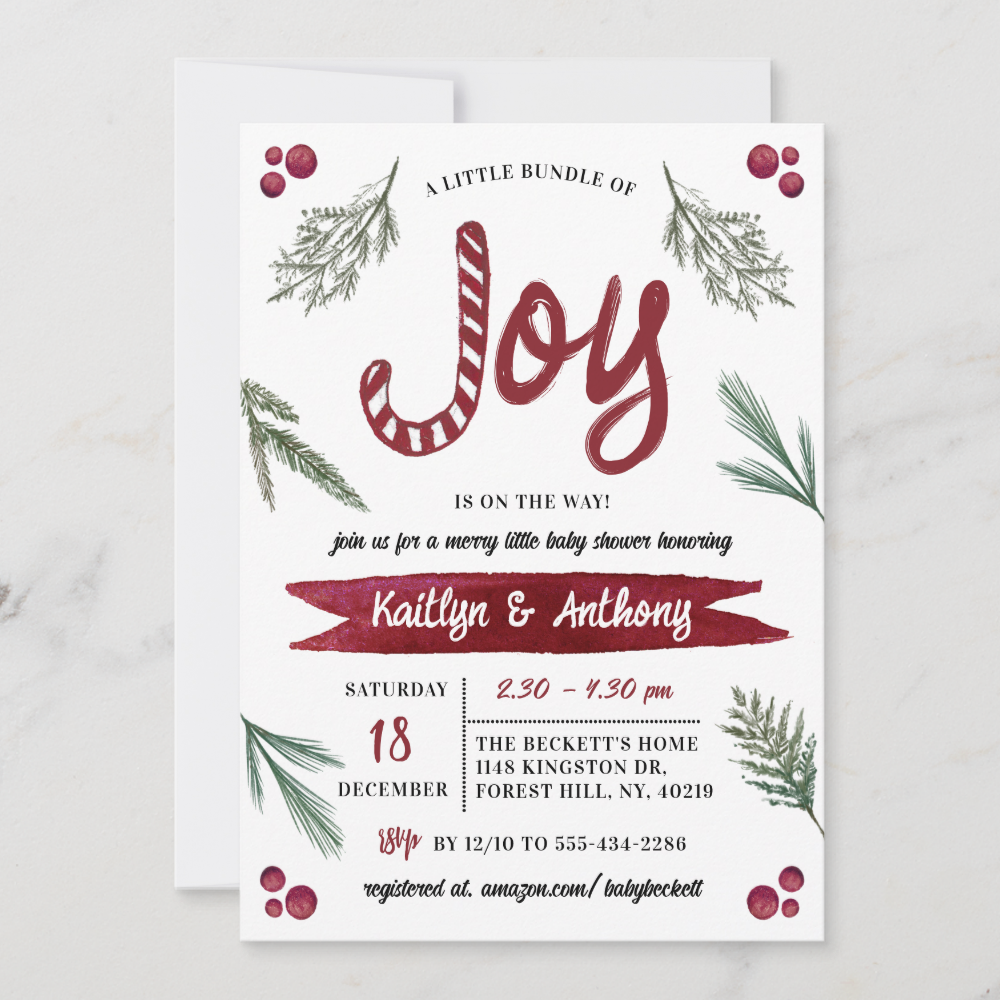 Modern Watercolor "Joy" Candy Cane Baby Shower Invitation