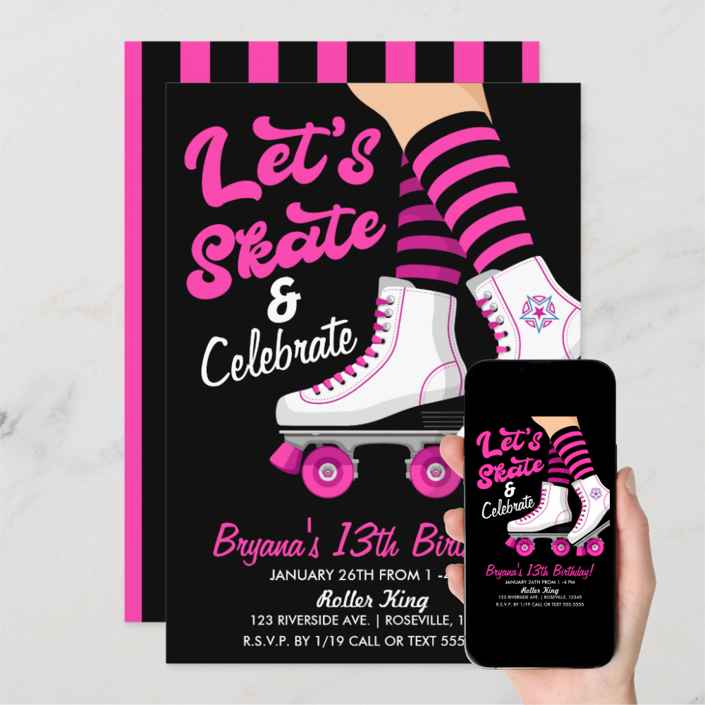 Pink & Black Roller Skate Skating Birthday Party Invitation
