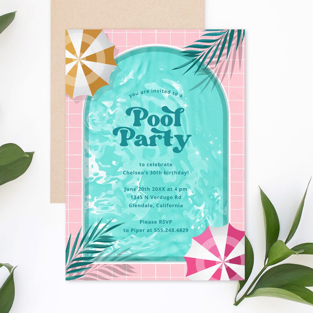 Palm Springs Pool Party Pink Adult Birthday Invitation
