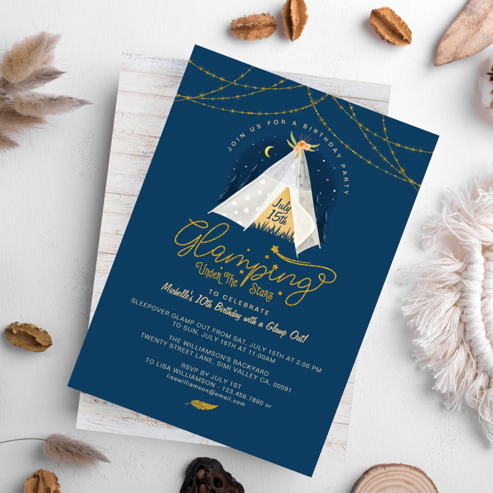 Glamping Under the Stars Tepee Navy & Gold Camping Invitation
