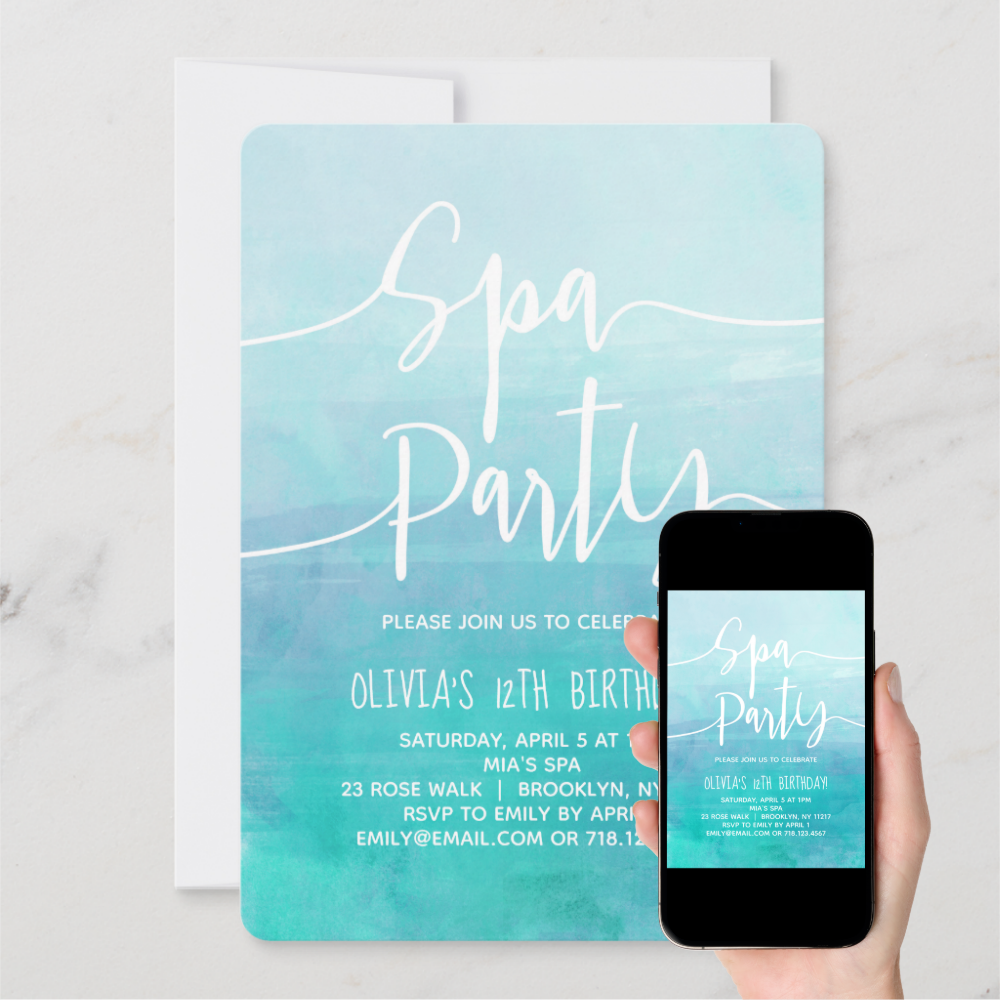 Spa Party Invitation Blue Watercolor Spa Birthday
