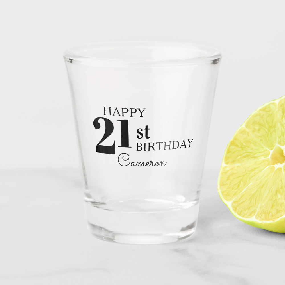 Cool Typography Happy 21st Birthday with Name Shot Glass
