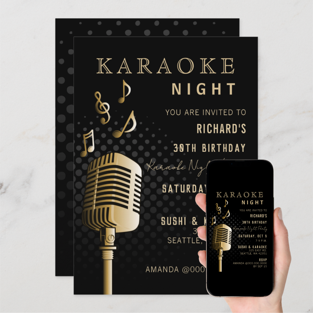 Black Gold 30th Birthday Karaoke Night Party Invitation
