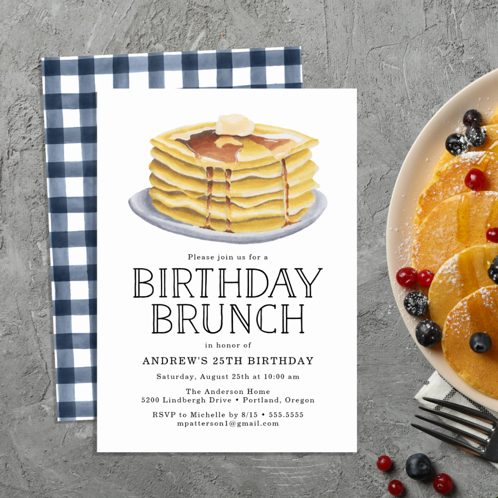 Watercolor Pancake Brunch Birthday Party Invitation
