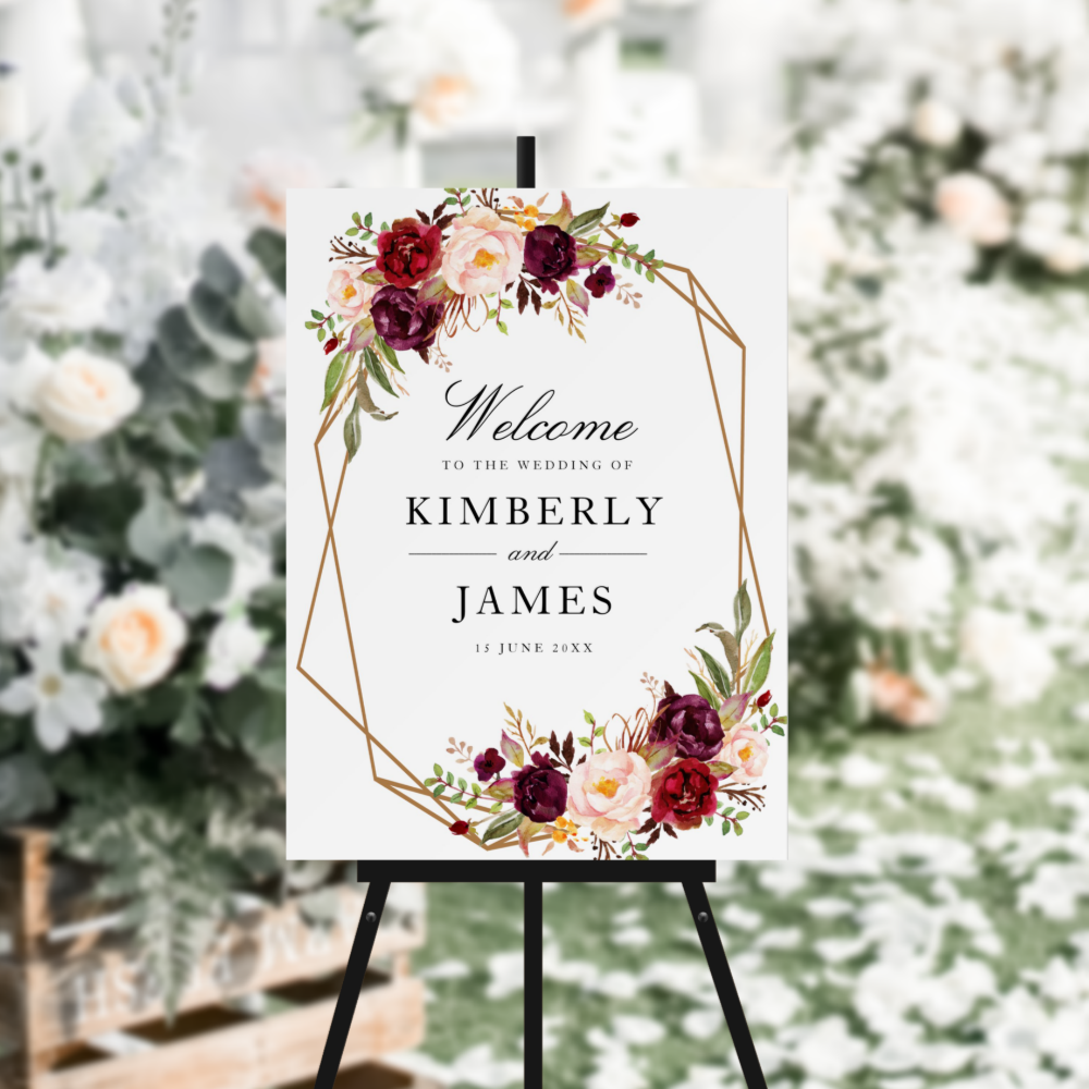 Burgundy Red & Blush Geometric Wedding Sign