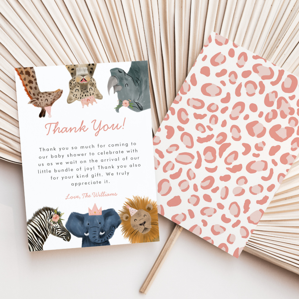 Wild Safari Animals Girl Baby Shower Thank You Card
