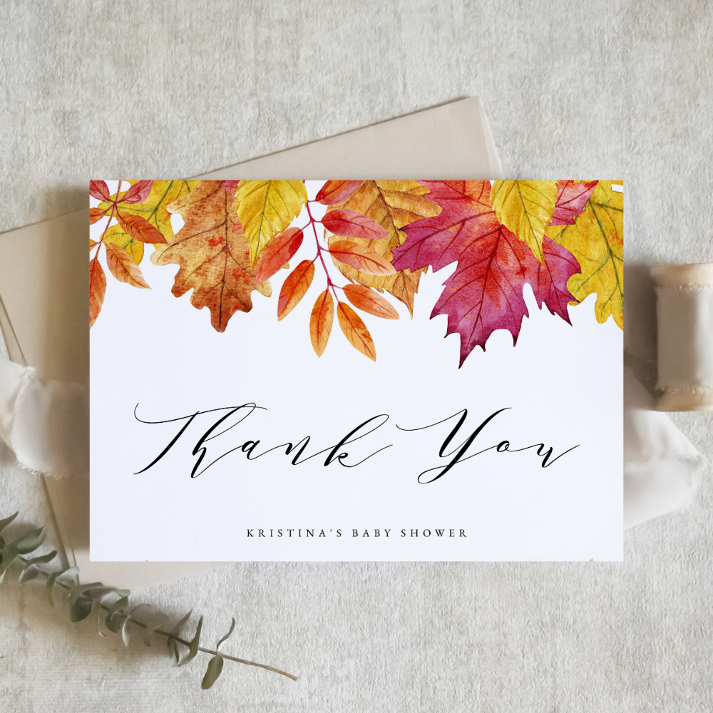Watercolor Falling Leaves Fall Baby Shower Thank You Card
