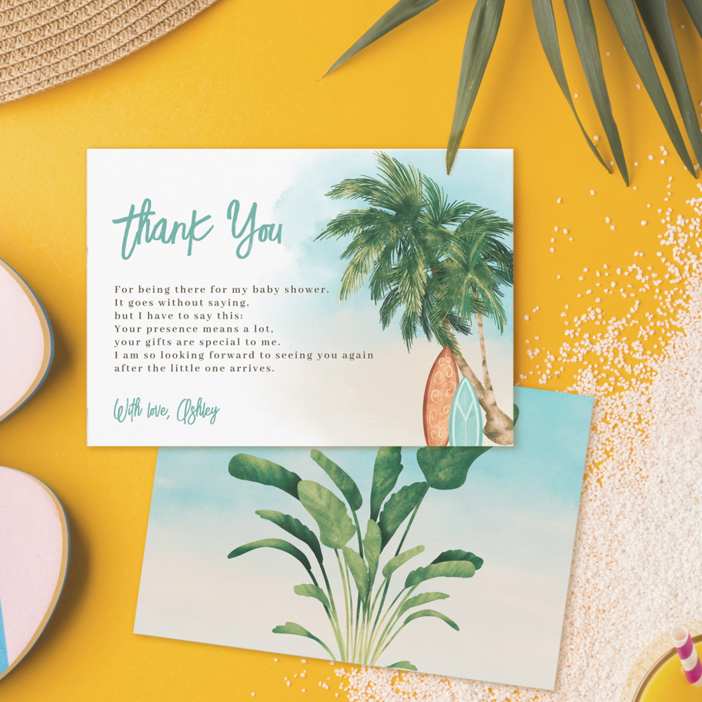 Tropical beach Baby on board surf baby shower Thank You Card
