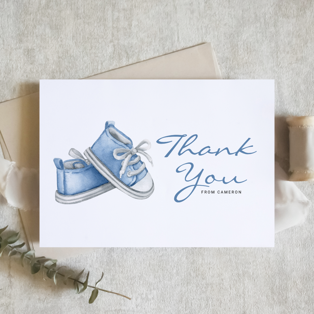 Watercolor Blue Baby Booties Baby Shower Thank You Card
