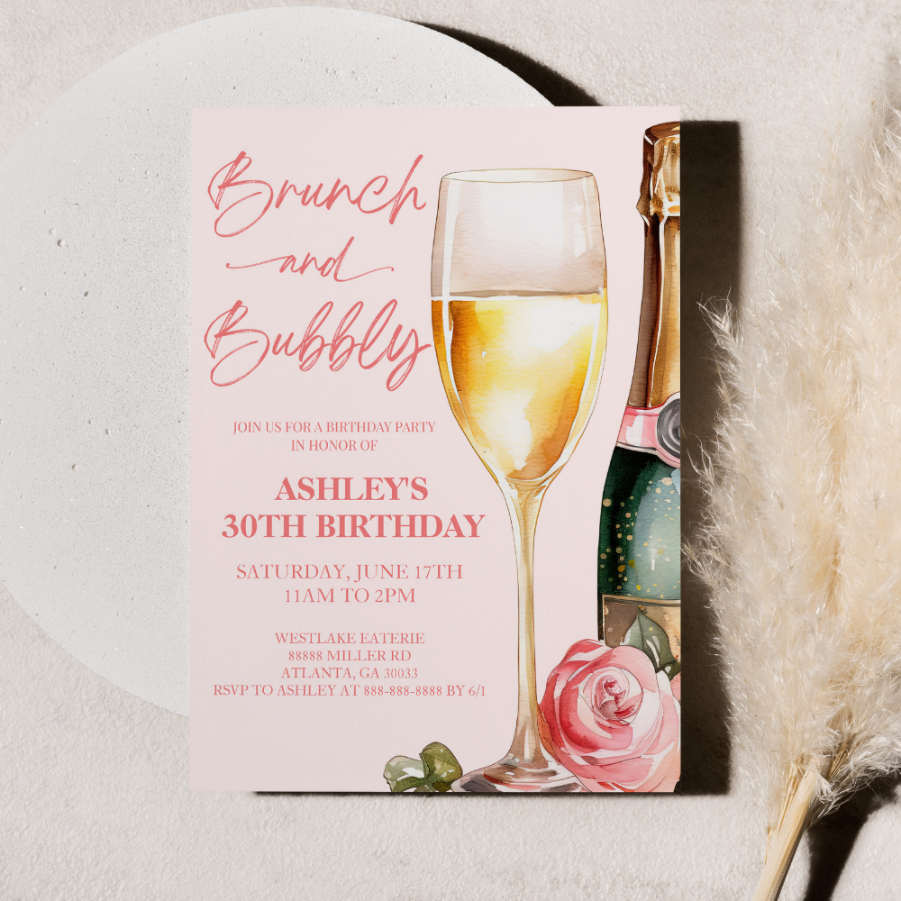 Brunch and Bubbly Mimosa Champagne Birthday Party Invitation