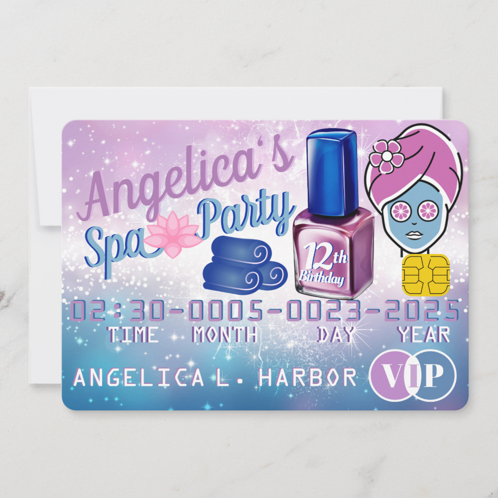 Purple & Blue Girly VIP Credit Card Spa Party
