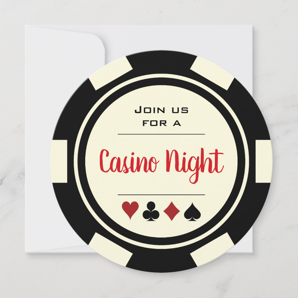 Poker Chip Black White Casino Night Birthday Invitation