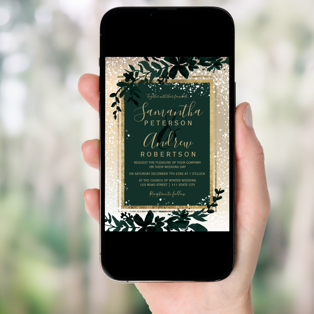 Gold Typography Leaf Snow Elegant Winter Wedding Invitation