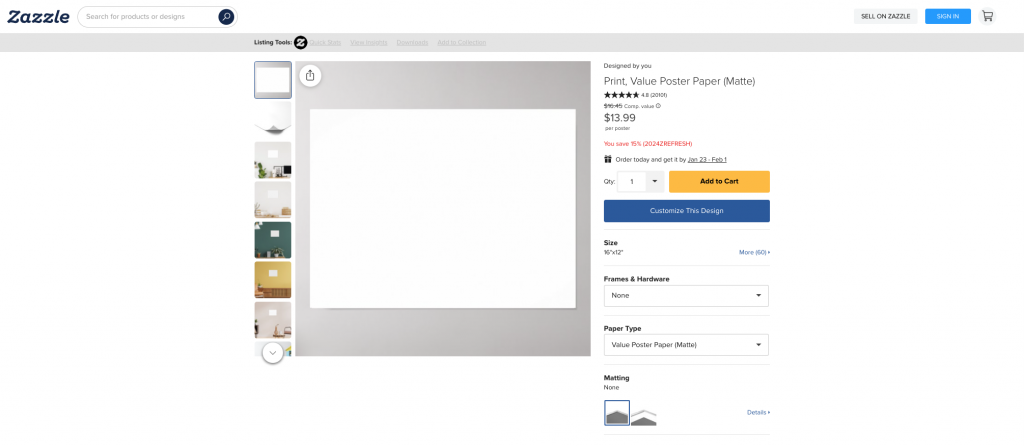 4. Choose product options - use this step to choose what size and material you’re wanting to create. To note, these options can be adjusted at any time.