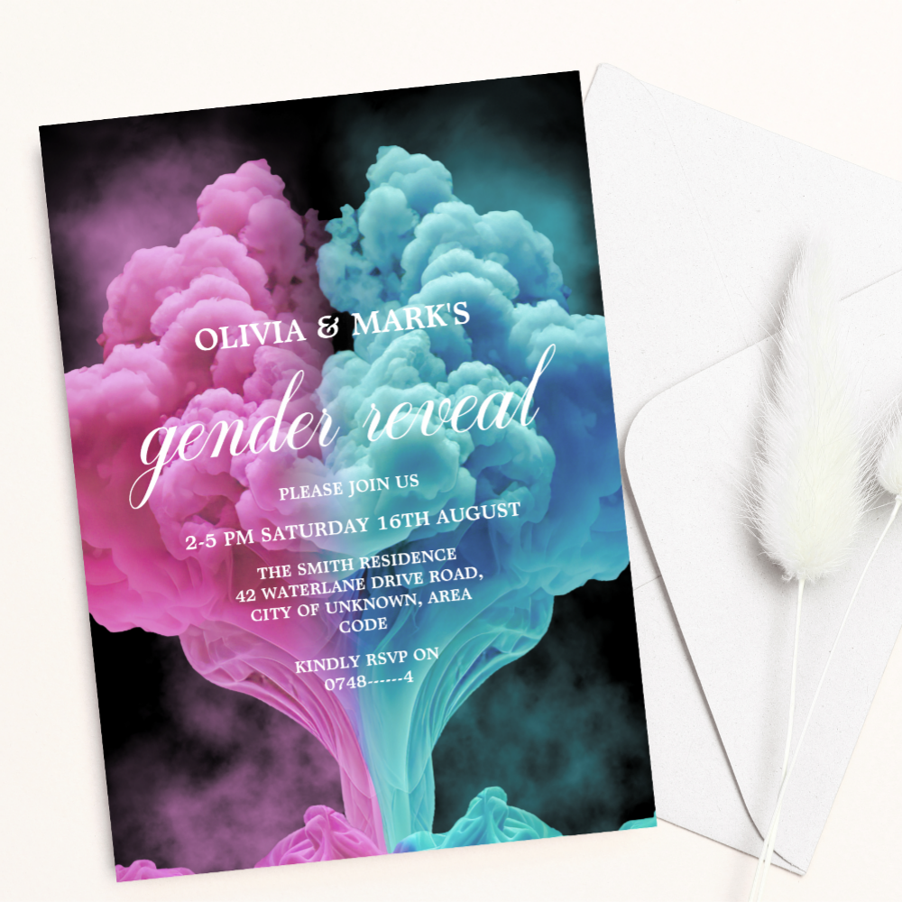 Pink and Blue Smoke Heart Gender Reveal Invitation

