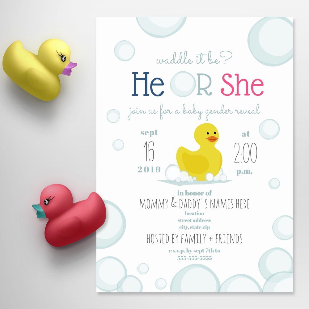 Rubber Duck Waddle It Be Baby Gender Reveal Invitation
