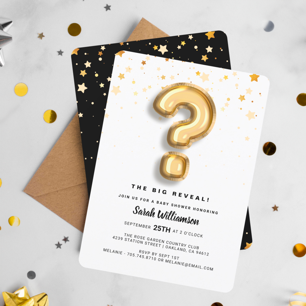 Gender Reveal Gold Foil Balloon Letter & Confetti Invitation
