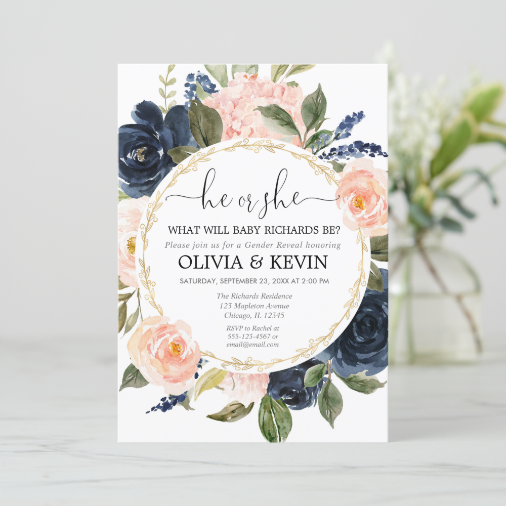 Gender reveal pink blue floral watercolors invitation
