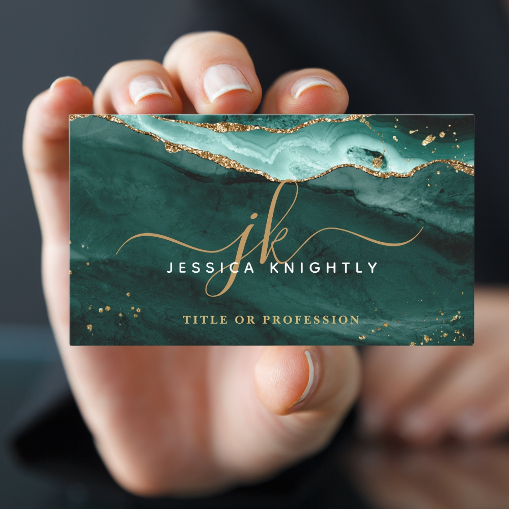 Turquoise Teal Agate Gold Glitter Script Monogram Business Card